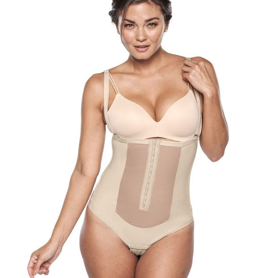 girdle with 3 rows of hook and eye closures and thong panty