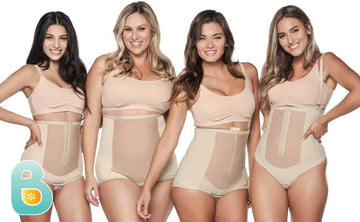 Women wearing Bellefit postpartum girdles and corsets.