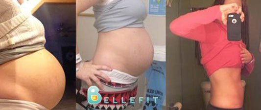 before and after sequence of woman who wore Bellefit postpartum belly band